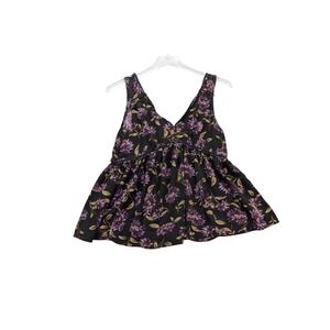 American Eagle Floral Babydoll Tank Top Black Purple V-Neck Empire Waist